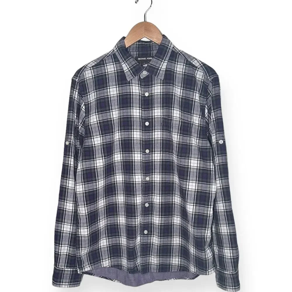 MICHAEL KORS Tailored Fit Plaid Button Up Shirt Roll Tab Sleeve Purple Black L